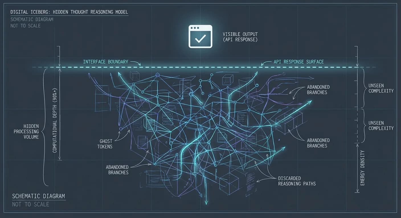 Digital Iceberg Structure, Massive Hidden Neural Network, Minimalist Surface Output, Blueprint Schematics
