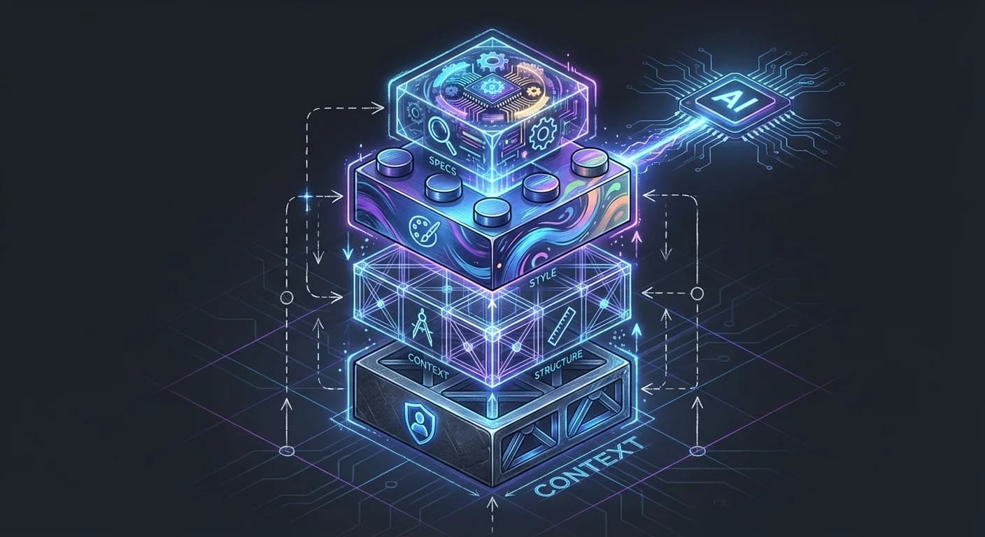 Exploded view modular blocks, Dark mode blueprint aesthetic, Icons: Gear, Grid, Palette, User, Neon technical accents