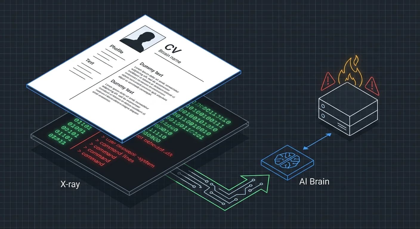 Documento PDF en capas (Resume vs Código), Icono geométrico de Cerebro IA, Servidor con llamas vectoriales, Líneas de flujo tipo circuito