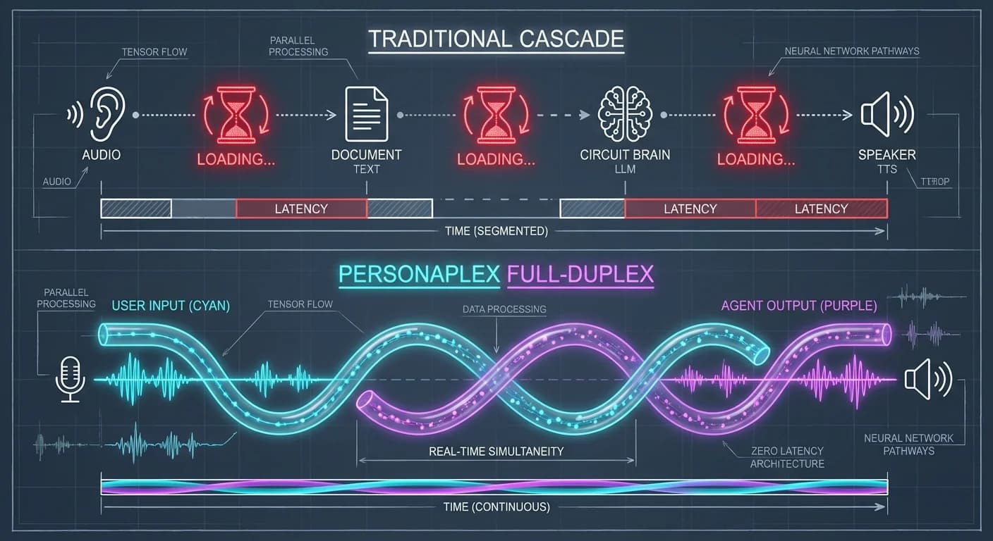 Split-screen comparison: Linear Staccato vs. Fluid Continuous, Top: Broken chain with Ear, Doc, Brain icons and Hourglasses, Bottom: Intertwining DNA-style neon sine waves, Engineering vector sketch aesthetic
